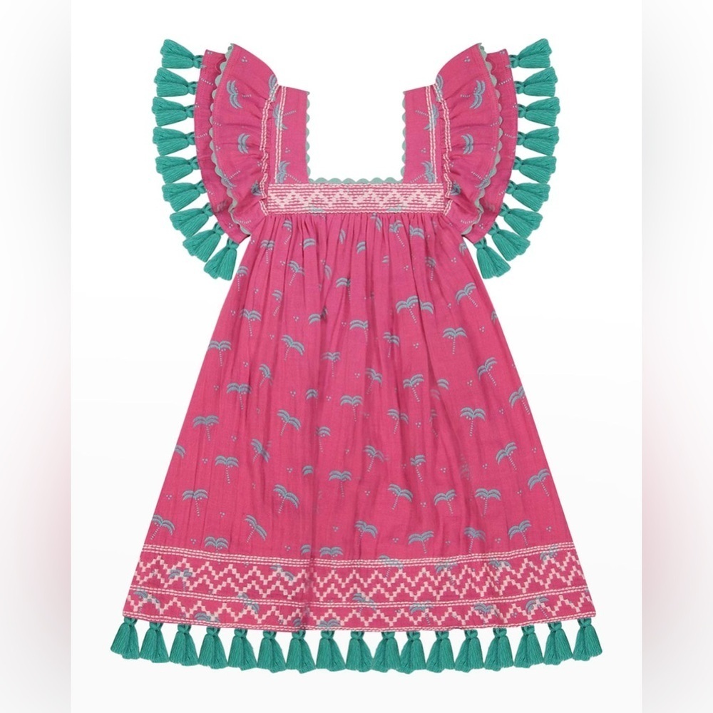 MER ST. BARTH Serena Tassel Embroidered Crepe Dress Girls Size 4 Fuchsia